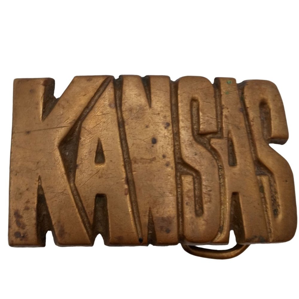 Kansas Spell Out Belt Buckle Vintage Brass KS Spellout Western Cowboy Rodeo